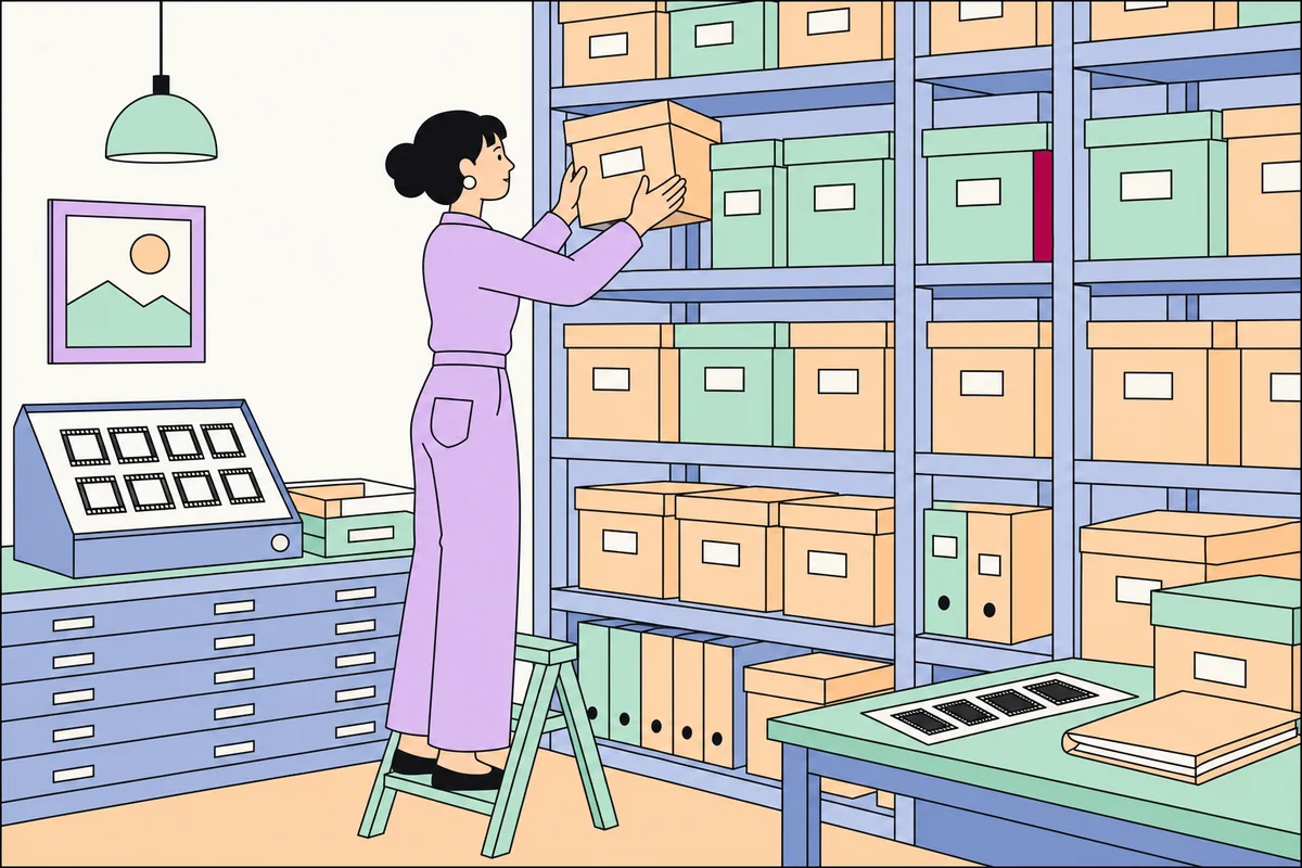 An archivist lifting a box down from open shelving in an archive room, drawn in the site palette