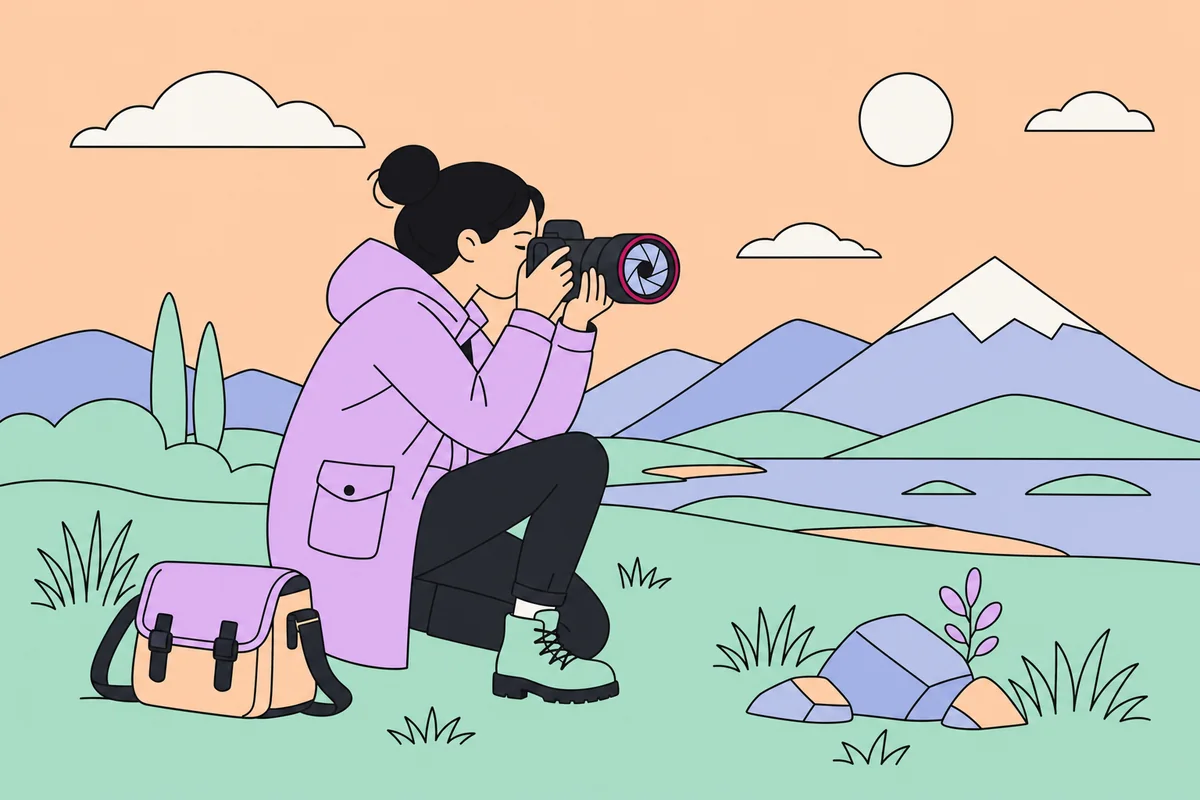 A woman documentary photographer kneeling with a camera raised to her eye, drawn in the site palette