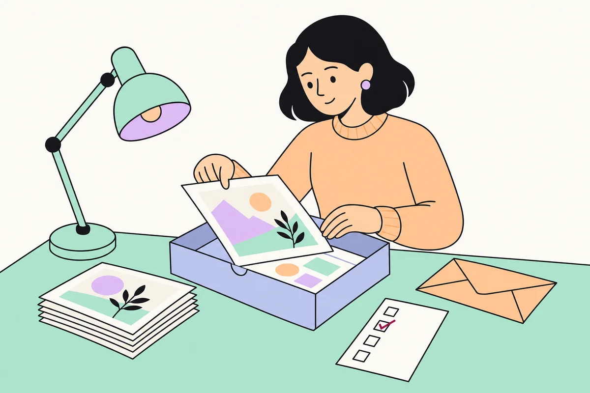 A woman assembling a grant application into a portfolio box beside a checklist, drawn in the site palette