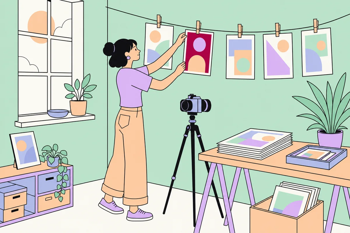 A woman photographer hanging freshly printed photographs on a drying line in her studio, drawn in the site palette