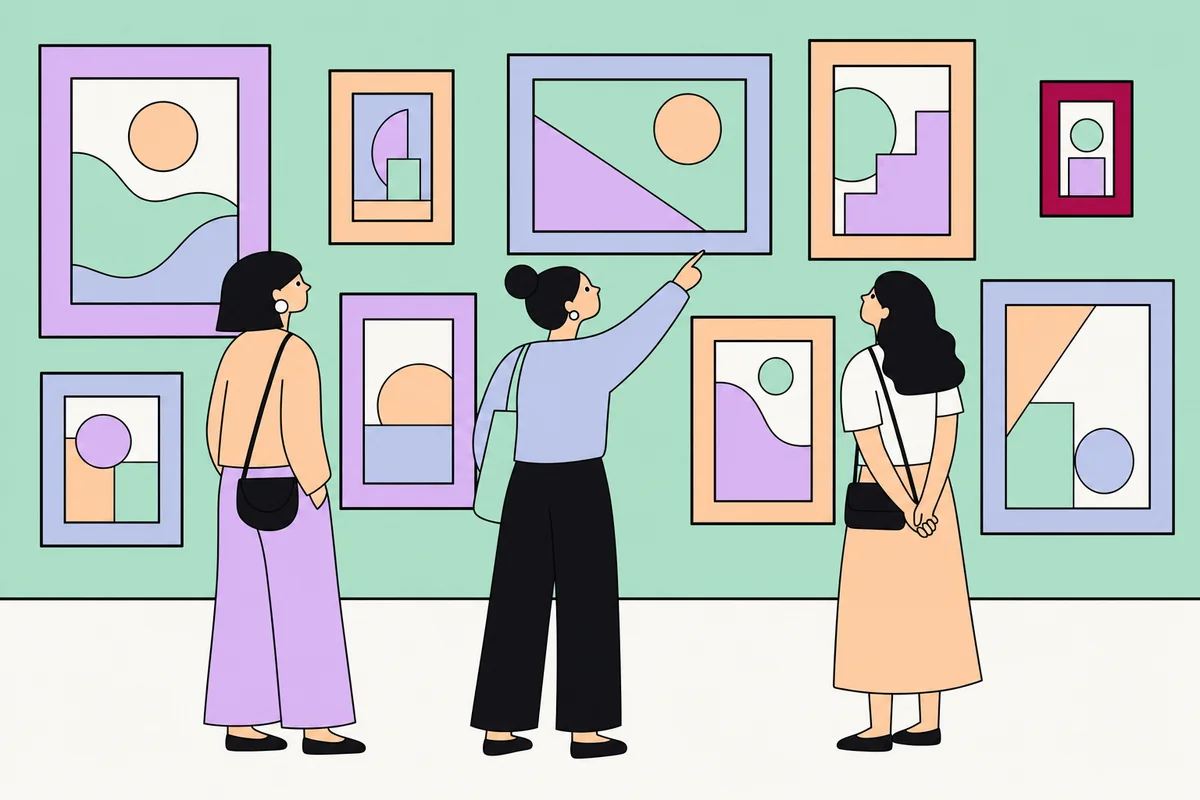 Three women viewing a gallery wall of framed works, drawn in the site palette