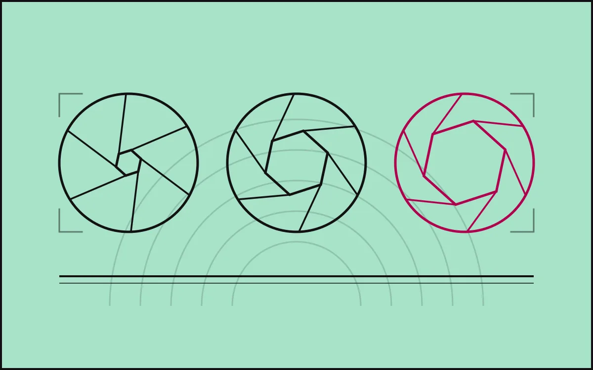 Three six-bladed iris diagrams drawn at narrow, middle and wide apertures