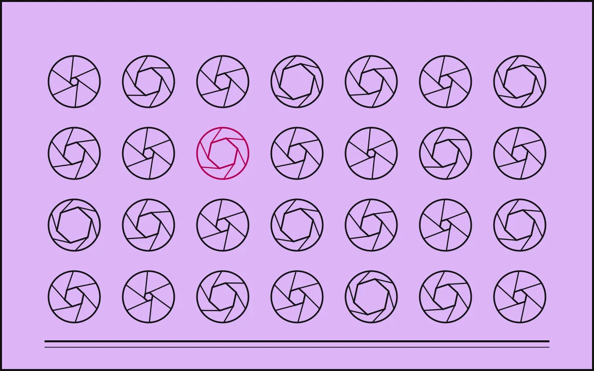 A grid of small iris marks, each drawn at a different aperture